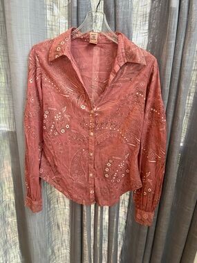 Vintage-Inspired Pink Paisley Button-Up Shirt cotton earthy Jonny Cotton size 2